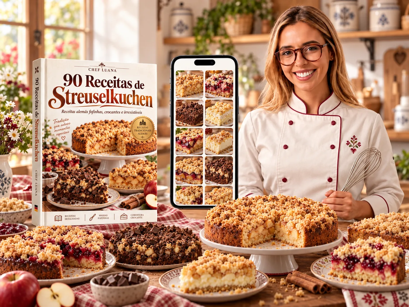 Chef Luana com o livro 90 Receitas de Streuselkuchen e bolos alemães sobre a mesa