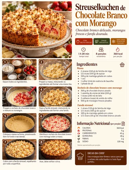 Página da receita Streuselkuchen de Chocolate Branco com Morango